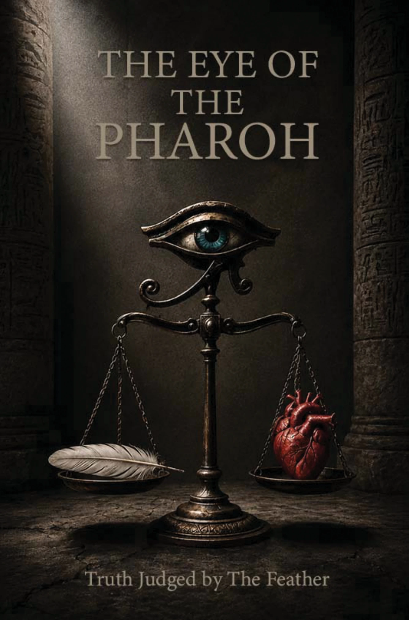The Eye of the Pharaoh book cover featuring the Eye of Horus above scales balancing a feather and a heart